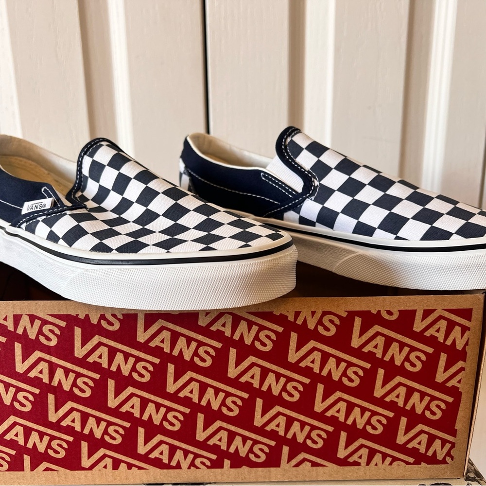 Vans Slip-On Checkerboard Canvas Sneakers - dark navy and white